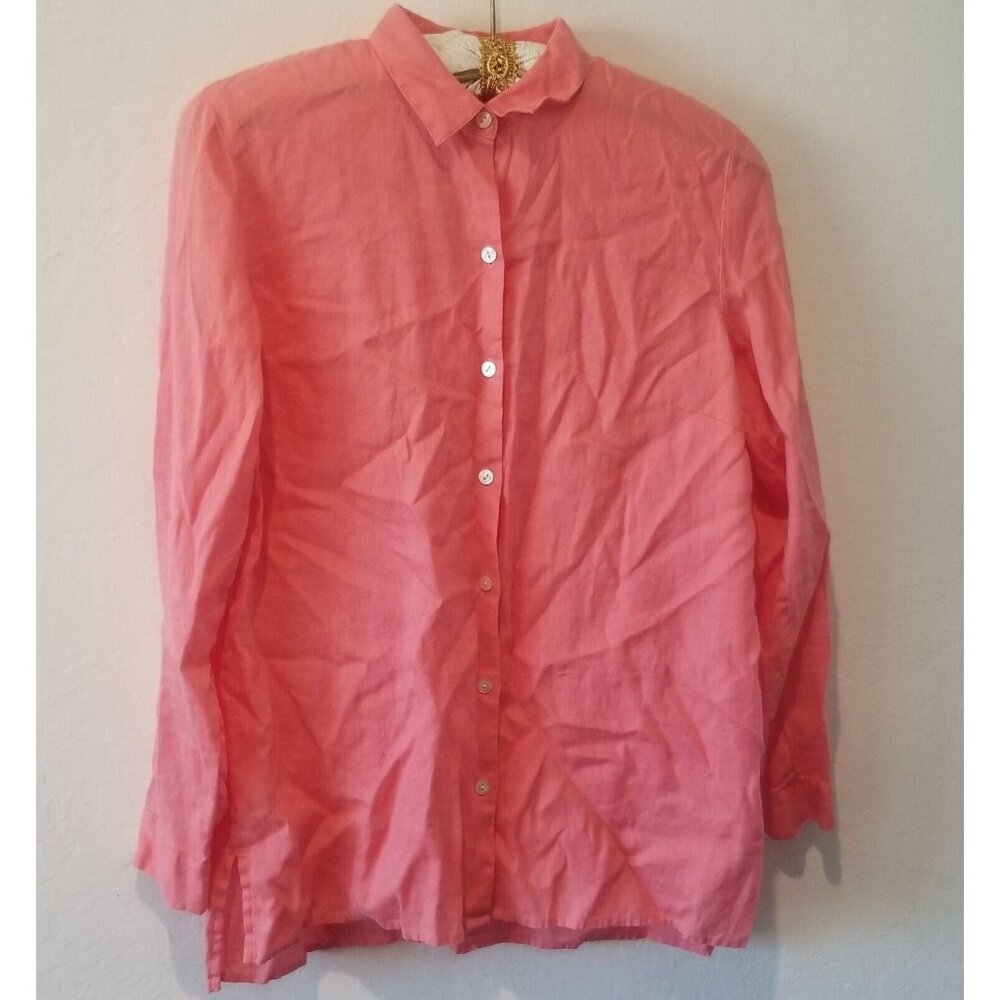 J.Jill Love Linen Essential Small Hi-Low Button Up Shirt Top Peach Long Sleeve